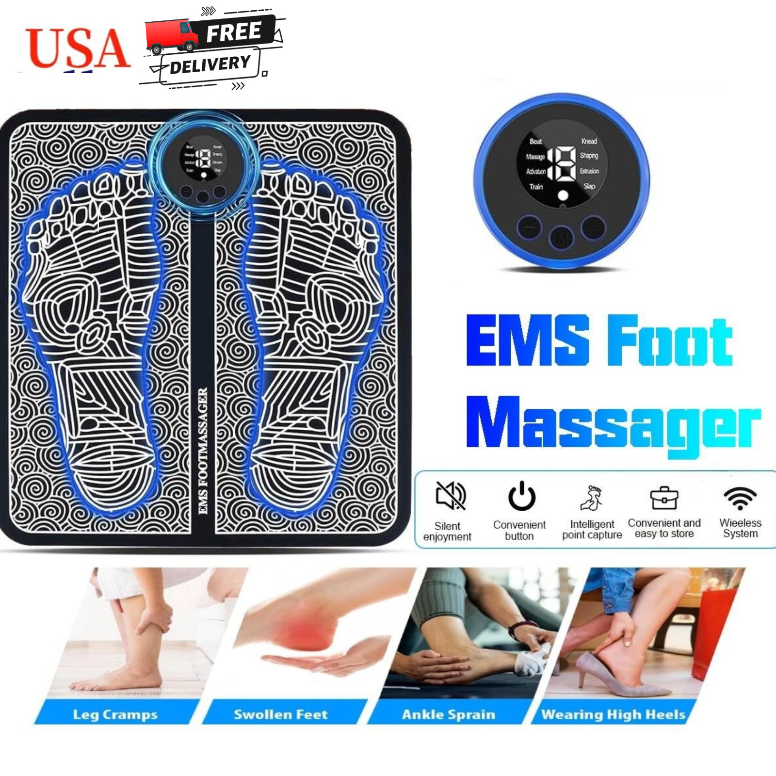 EMS Electric Foot Massager Mat Machine Muscle Stimulator Pad 8 Modes 19 Lvl Remo