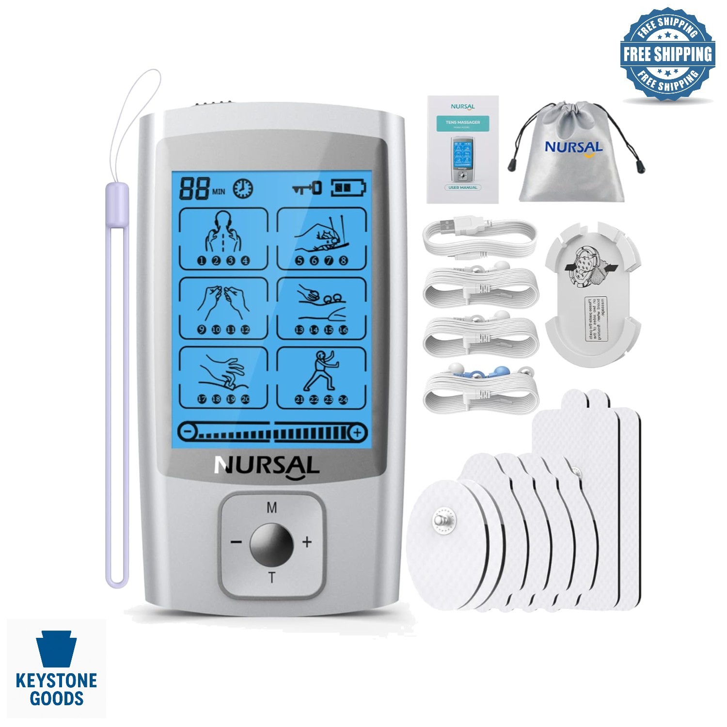 Rechargeable 24-Mode TENS Unit with 8 Pads for Pain & Muscle Relief