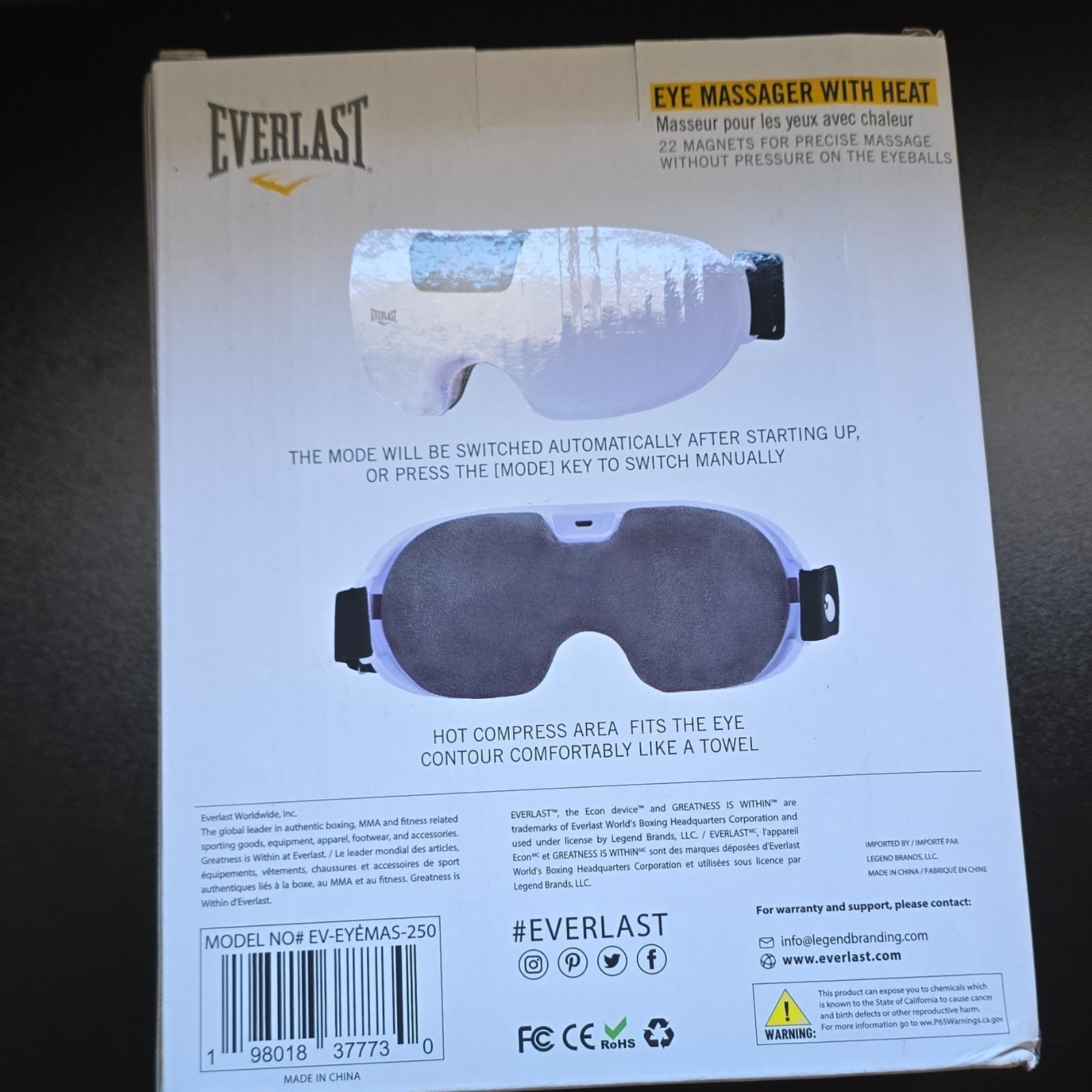 Everlast Heated Electric Eye Massager White Model EV-EYEMAS-250 CE RoHS
