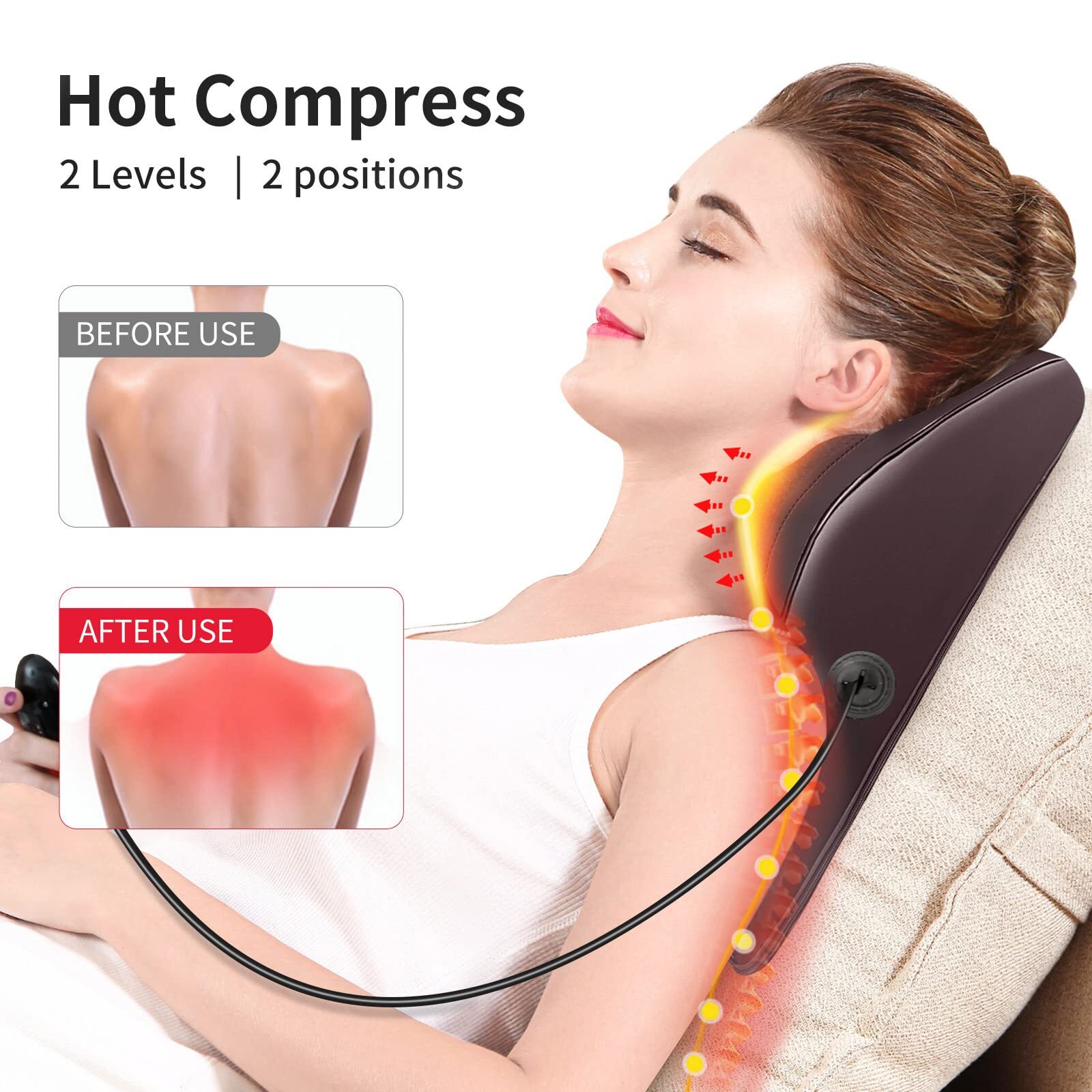 Upgraded Brown Neck and Back Massager with Heat and Remote Control 15×13 Inches