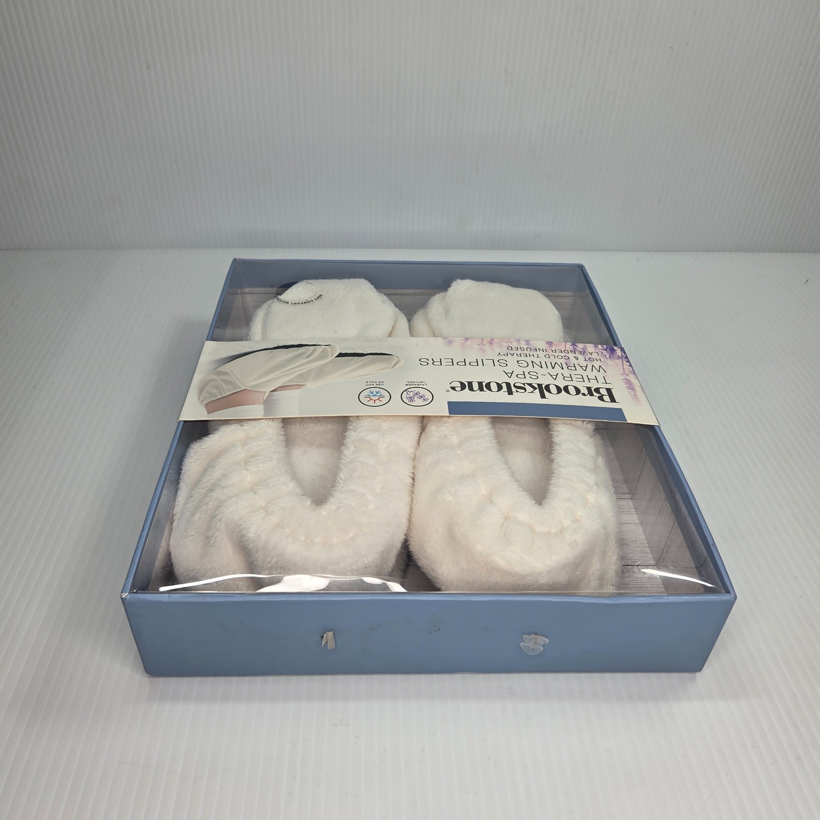 NEW! Brookstone Thera-Spa Warming Slippers Beige, Lavender Infused Calm Relaxing