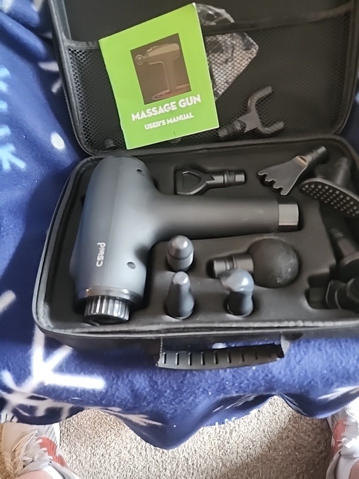 CSuid Handheld Battery Percussion Massage Gun w/ 6 Heads Carry Case Gray/Black