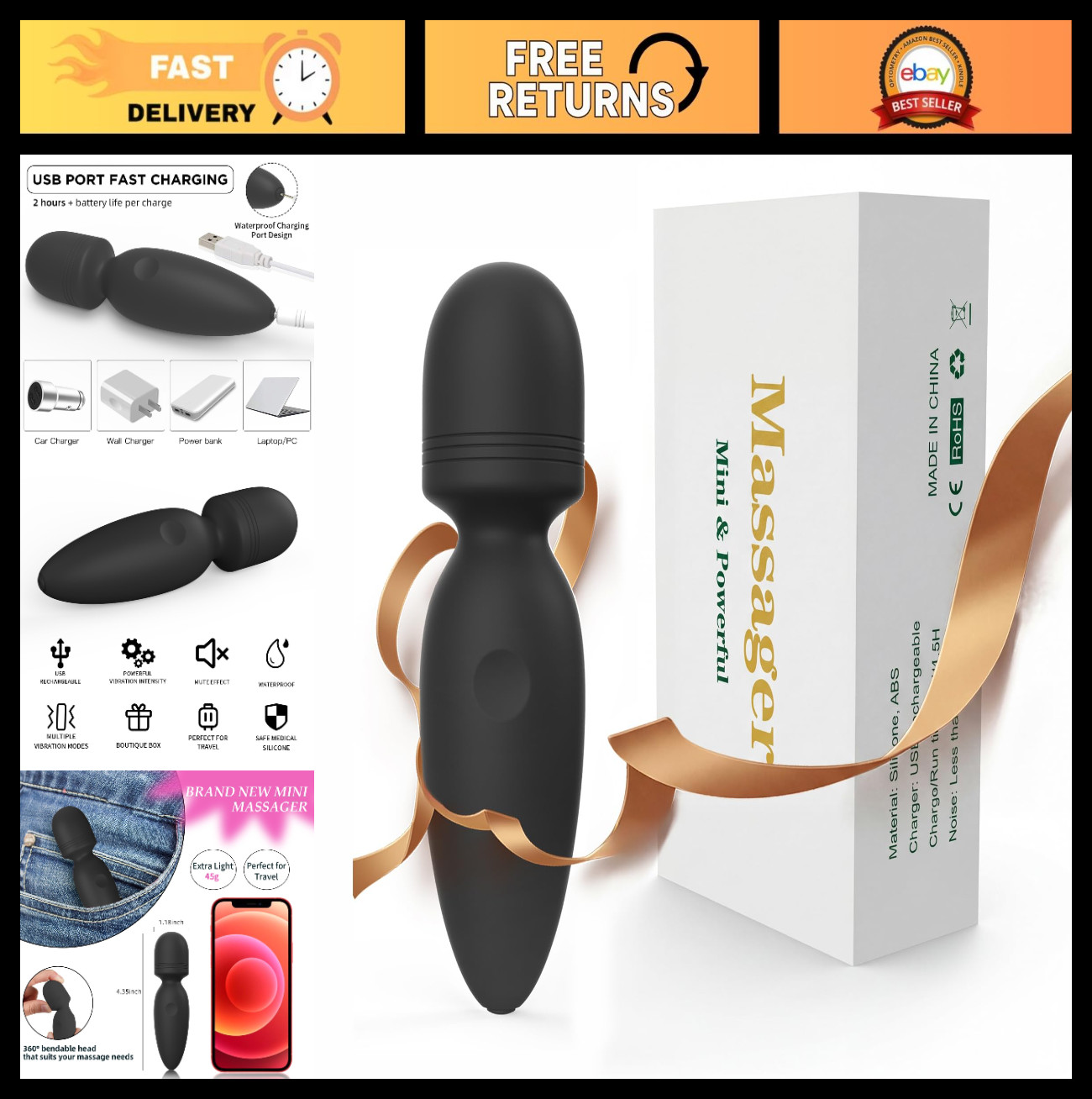 Portable Waterproof Mini Handheld Massager, 10 Vibration Modes for Back Relief