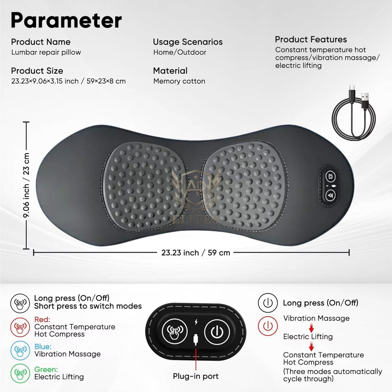 3 in 1 Lumbar Support Pillow Electric Back Massager Spine Waist Cushion