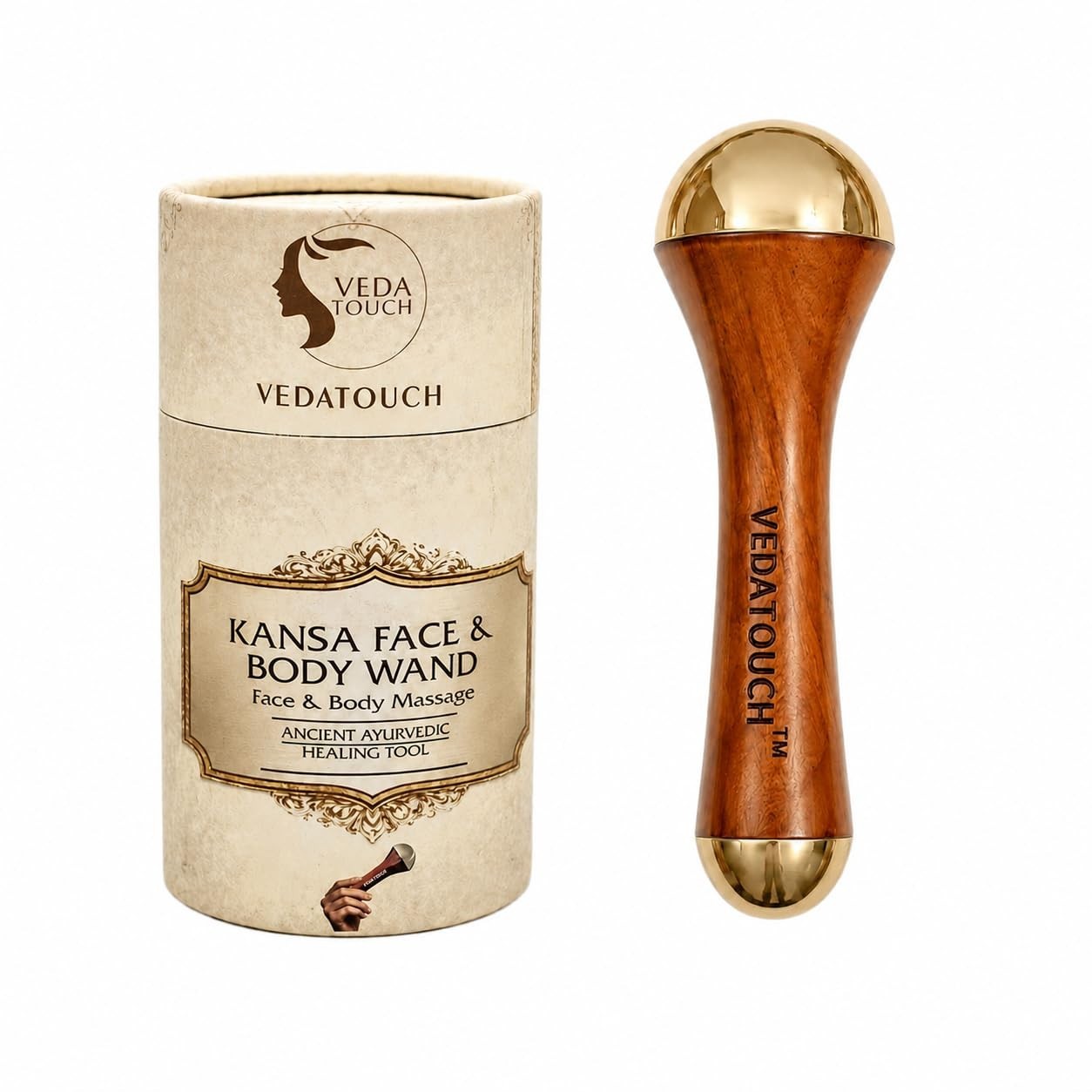 VEDATOUCH Kansa Face and Eye 2-in-1 Massager with Wooden Handle (Copper + Tin)