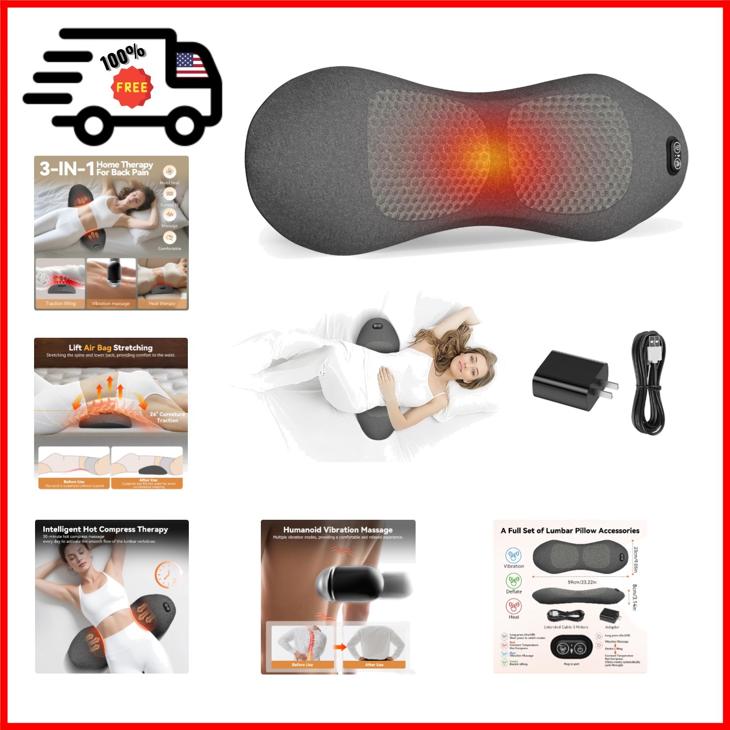 3 in 1 Smooth Spine Triple Fusion Back Massager with 118-Inch USB Cable, Heated