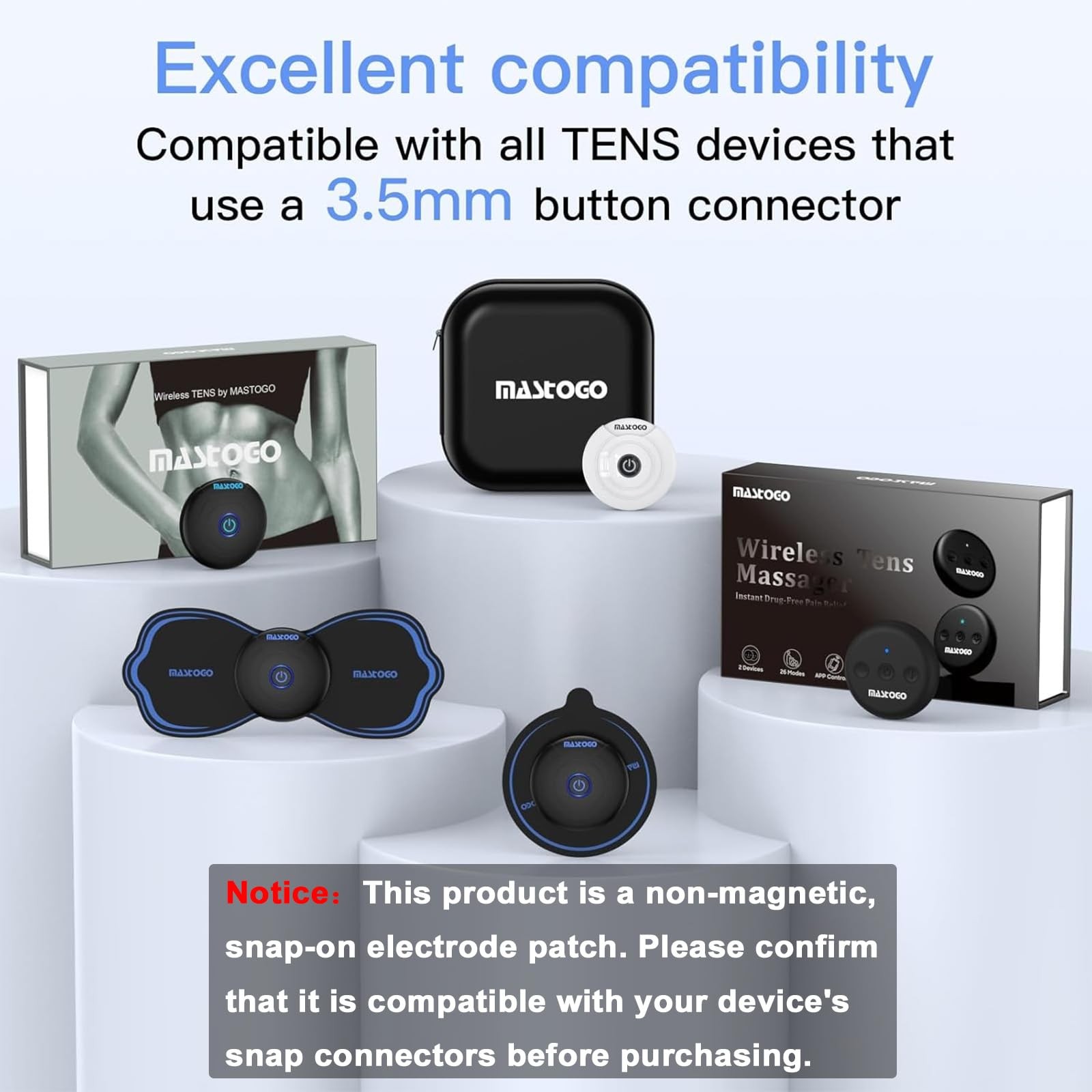 MASTOGO Wireless TENS Unit Electrode Pads Combo 8 Pack 5mm Snap Connectors Pain