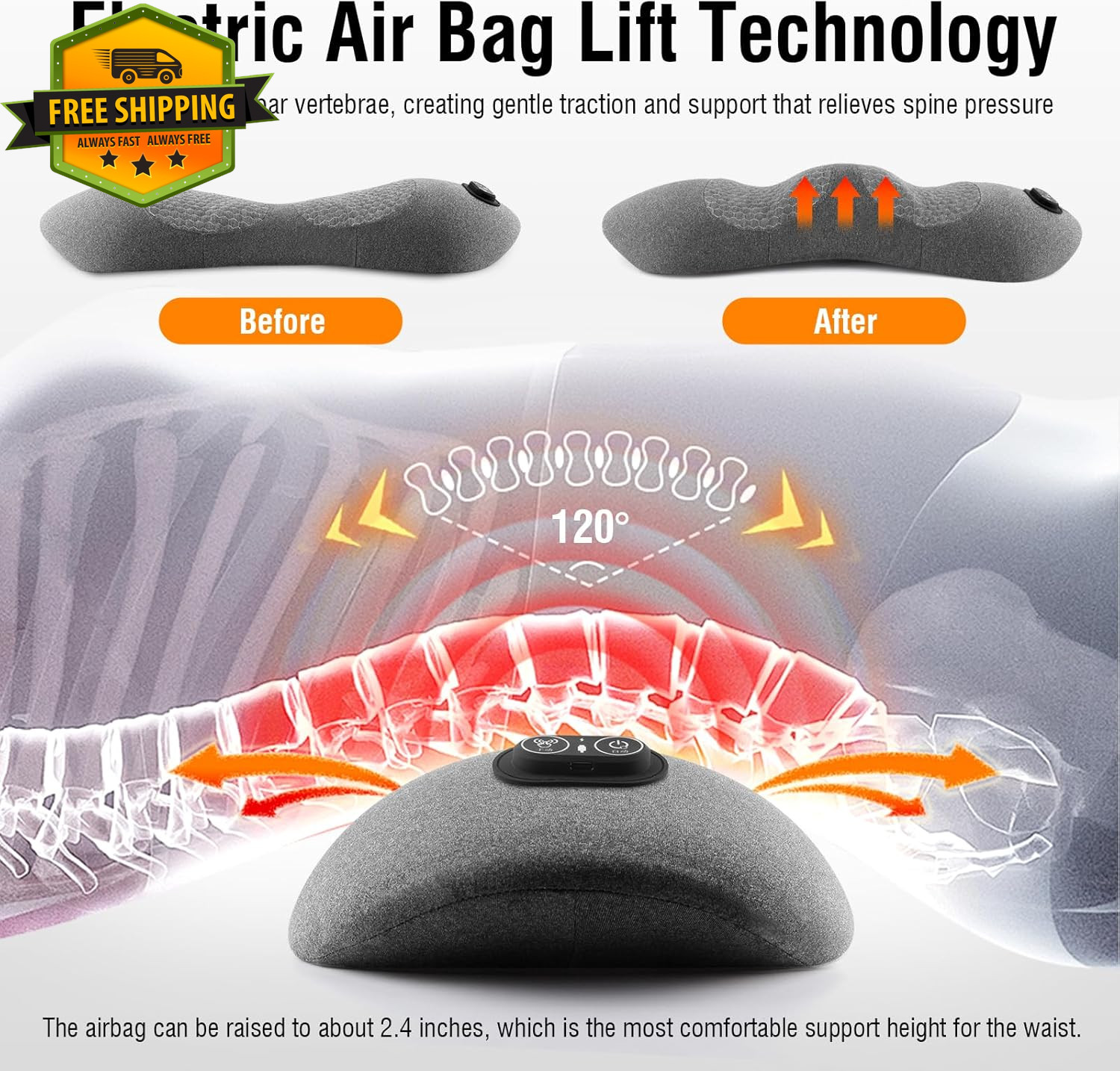 Electric Lumbar Support Pillow Lower Back Massager Heat Traction Memory Foam Car
