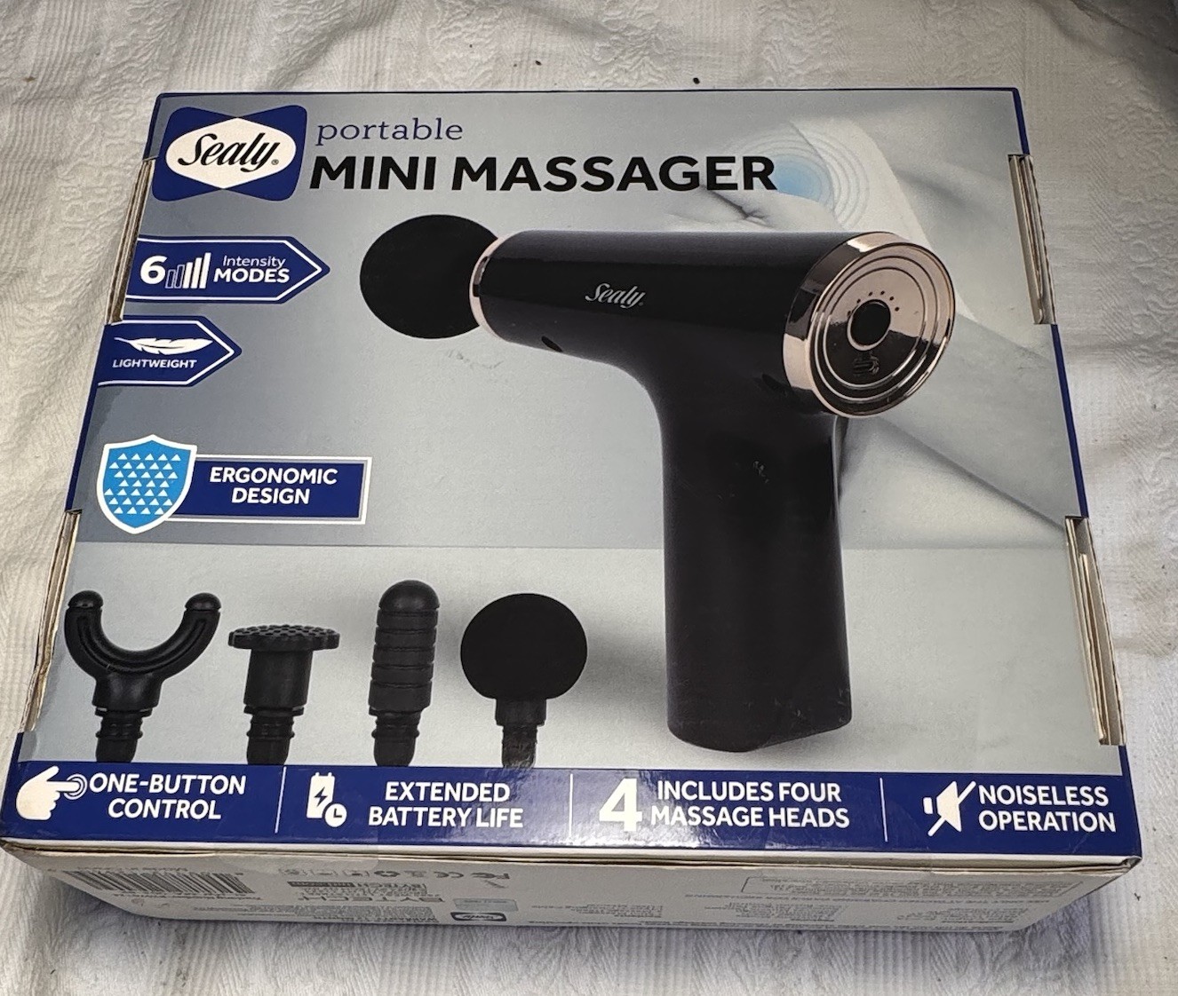 Sealy Handheld Deep Tissue Mini Massage Gun W/Four Heads and Six Speeds