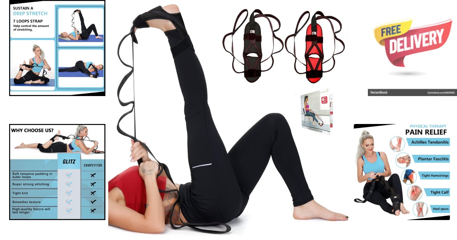 Foot and Calf Fascia Stretcher 60″ for Plantar Fasciitis Relief & Flexibility