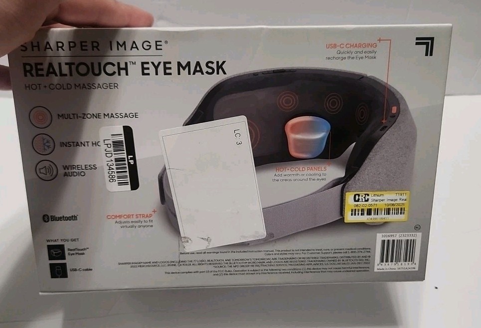Sharper Image RealTouch Eye Mask Massager Hot Cold Bluetooth Grey Open G2U