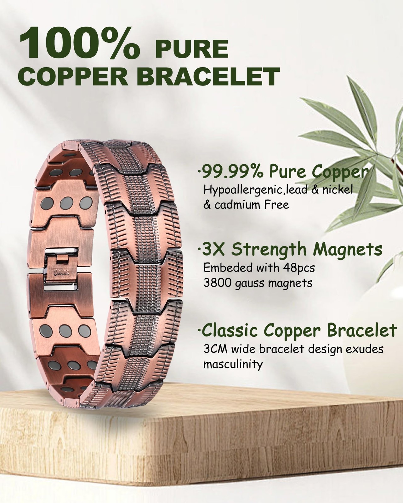 MagEnergy Copper Bracelet for Men, 3X 9.0 Inch, Tread-Carved+Ring