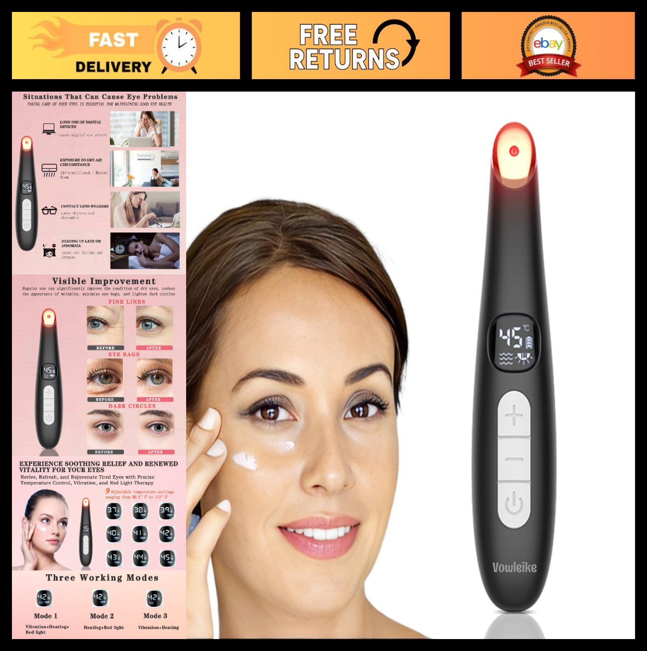 3-in-1 Eye Lift Wand – Vibrating LCD Massager for Dark Circles, Puffiness & Fine
