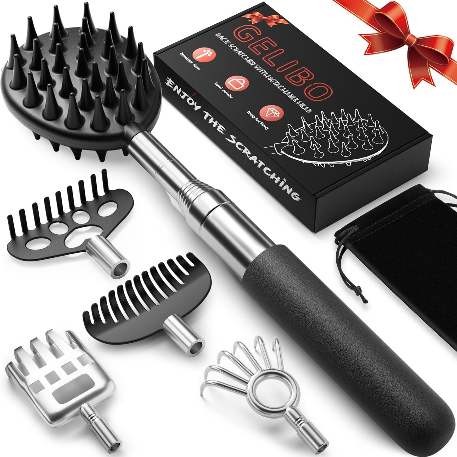 Gelibo Telescoping Large Back Scratcher with 5 Detachable Regular, Black