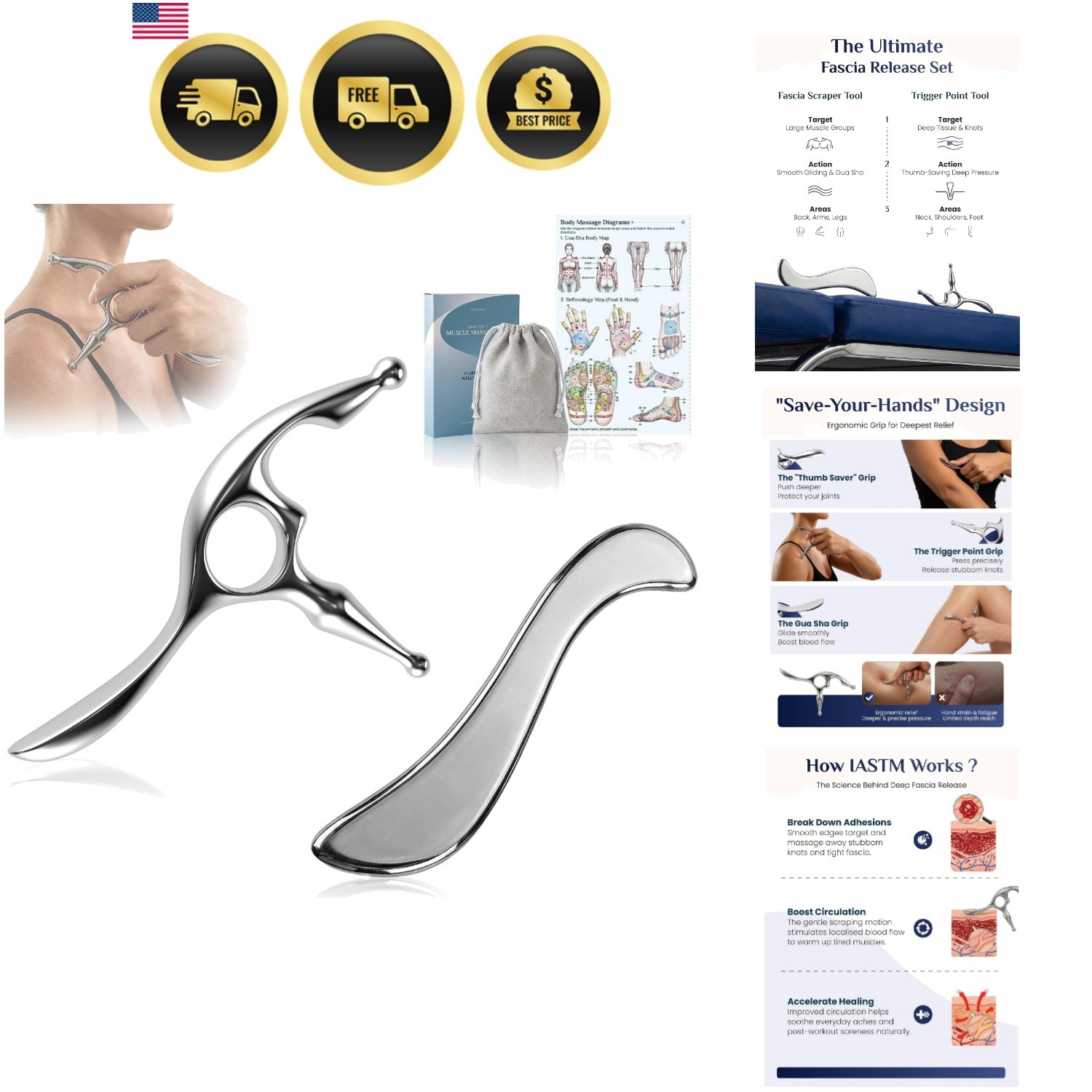 Trigger Point Massage Tool & Muscle Scraper Tool, Stainless Steel Body Gua Sh…