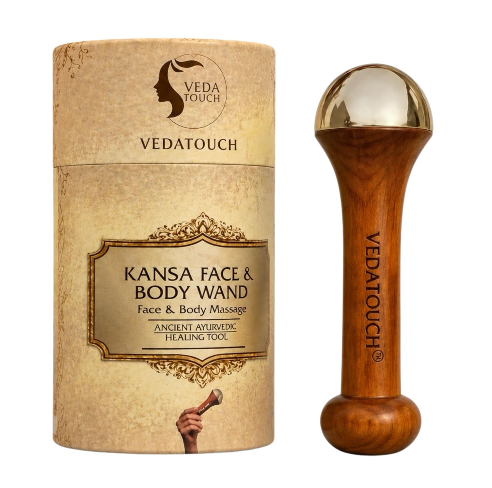 VEDATOUCH Kansa Wand Face Massager with Wooden Handle With Bronze Copper Tin
