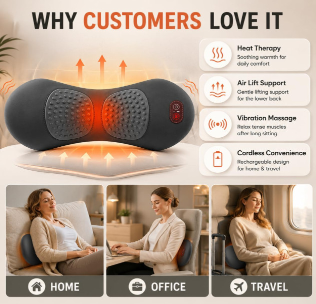 Rechargeable Lumbar Support Pillow Heat Vibration Massage Air Lift Back Cushion