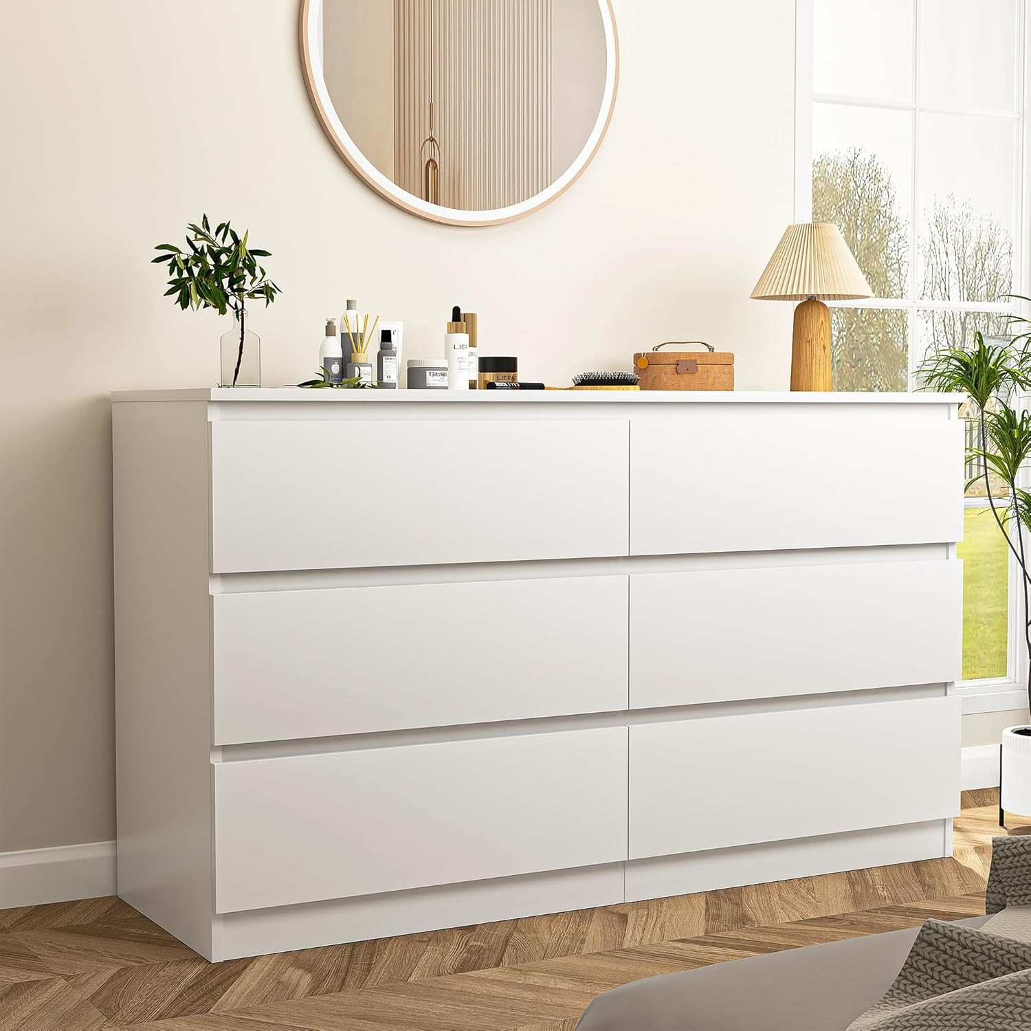 White Dresser 6 Drawer, Modern Double Dresser for Bedroom, Wood Chest of Drawers