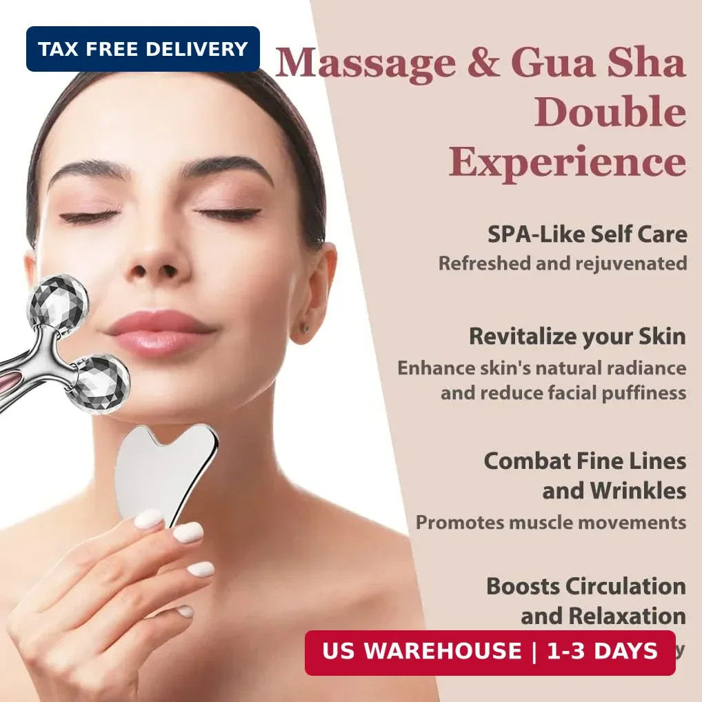 Stainless Steel Gua Sha and Face Roller Set, Facial Tool for Face Sculpting, Met