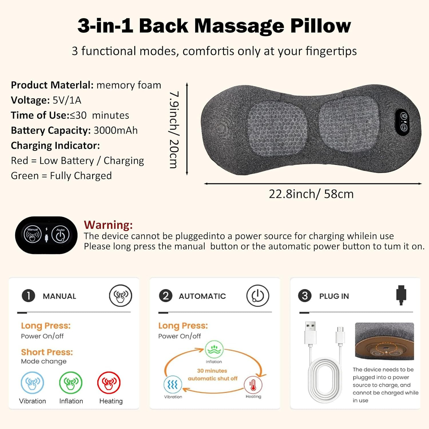 3-in-1 Rechargeable Smooth Triple Spine Fusion Back Massager for Pain Relief Dee