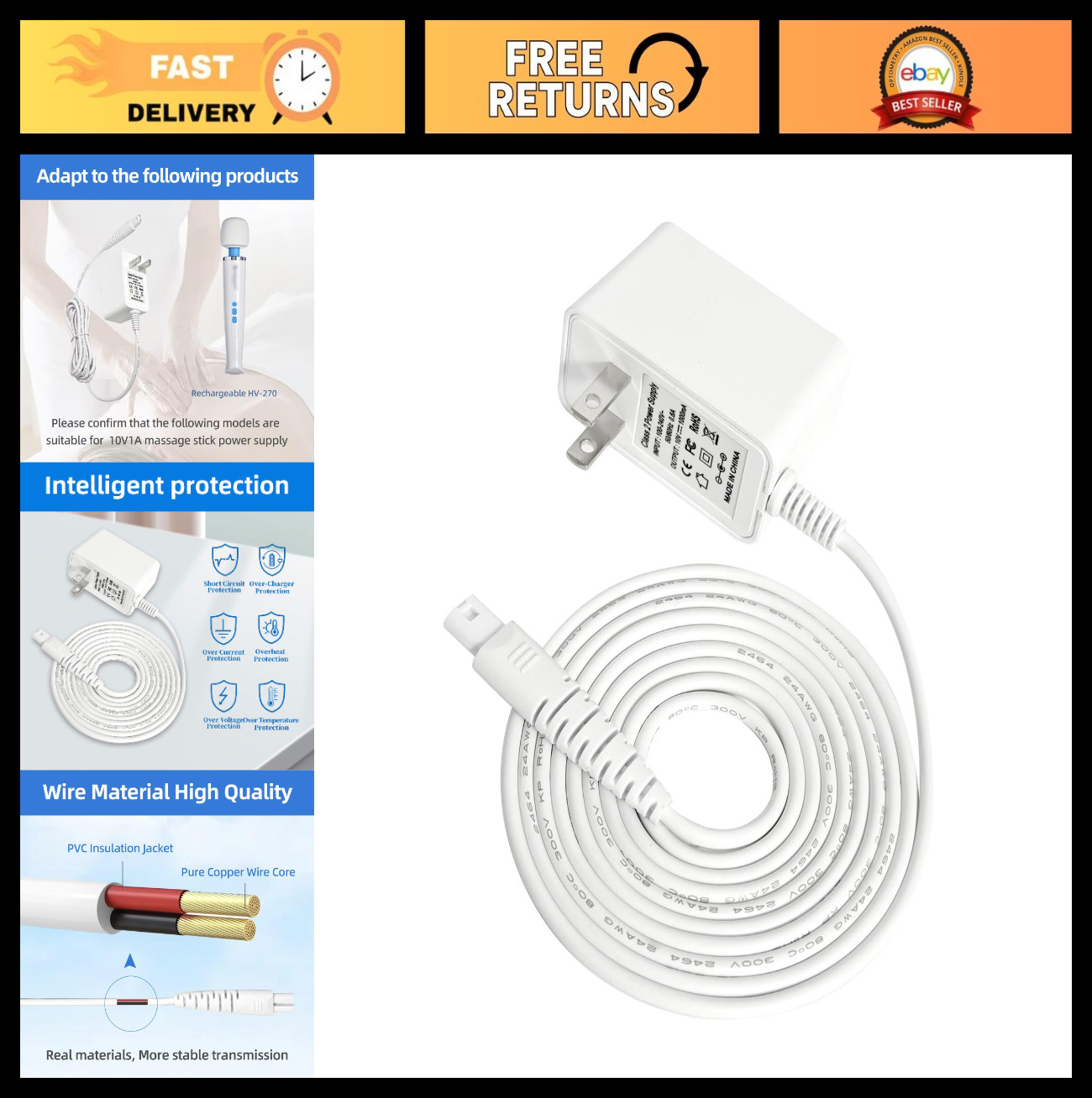 Rechargeable Cordless Handheld Massager Charger Adapter – DC10V 1A Power Supply