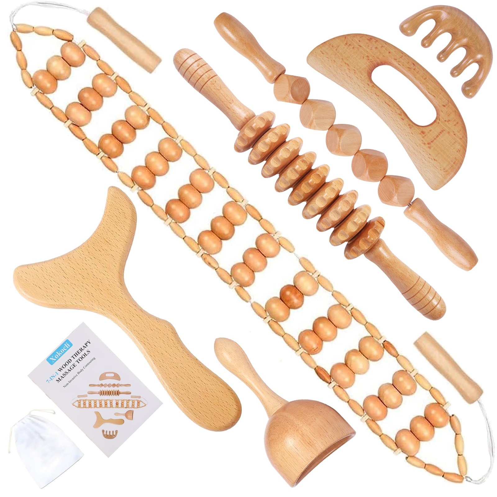 Xokocli 7-in-1 Wood Therapy Massage Tools Lymphatic Drainage Massager for Mus…
