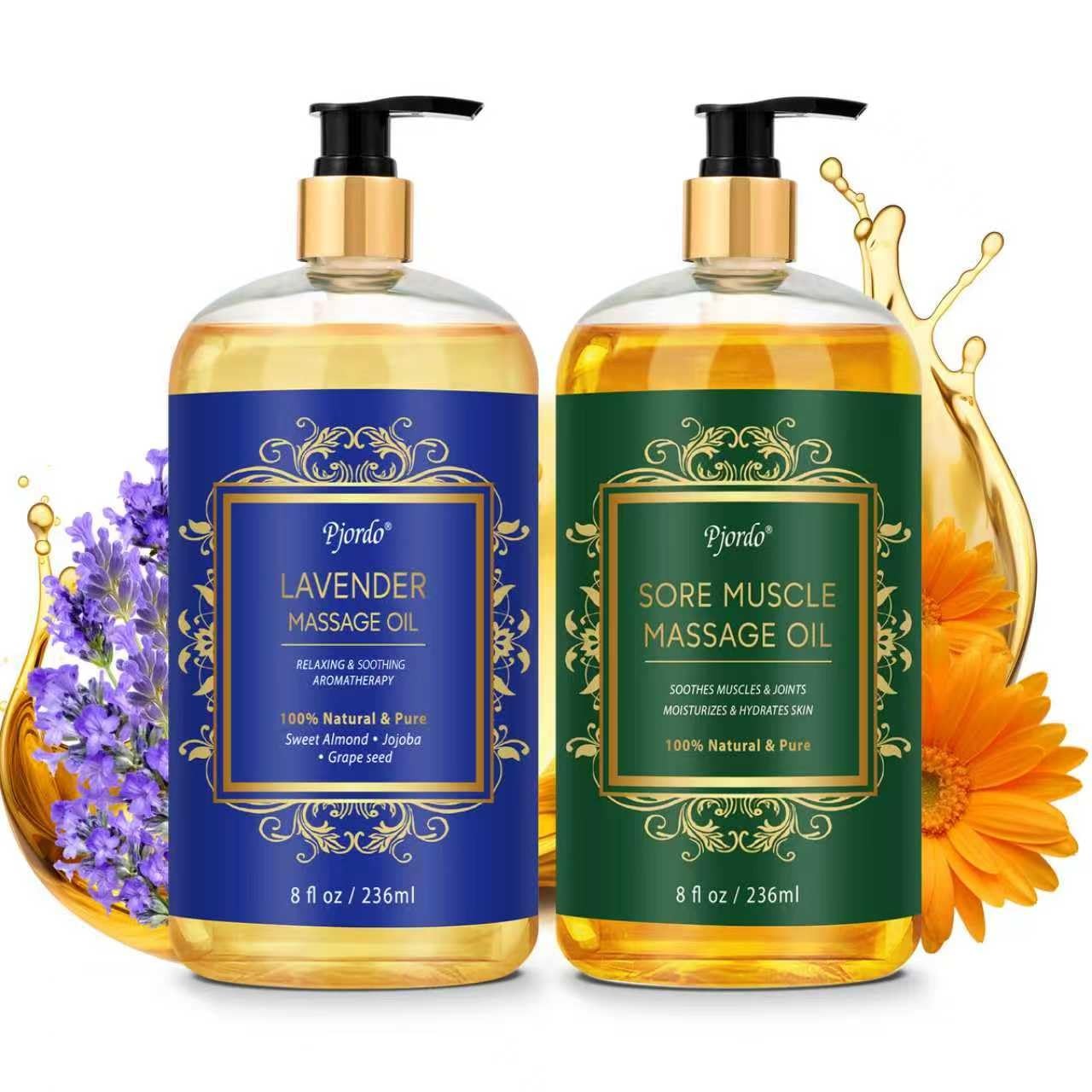 Pjordo 2 Pack Body Massage Oil for Massage Therapy, Sore Muscle Arnica Oil & Lav