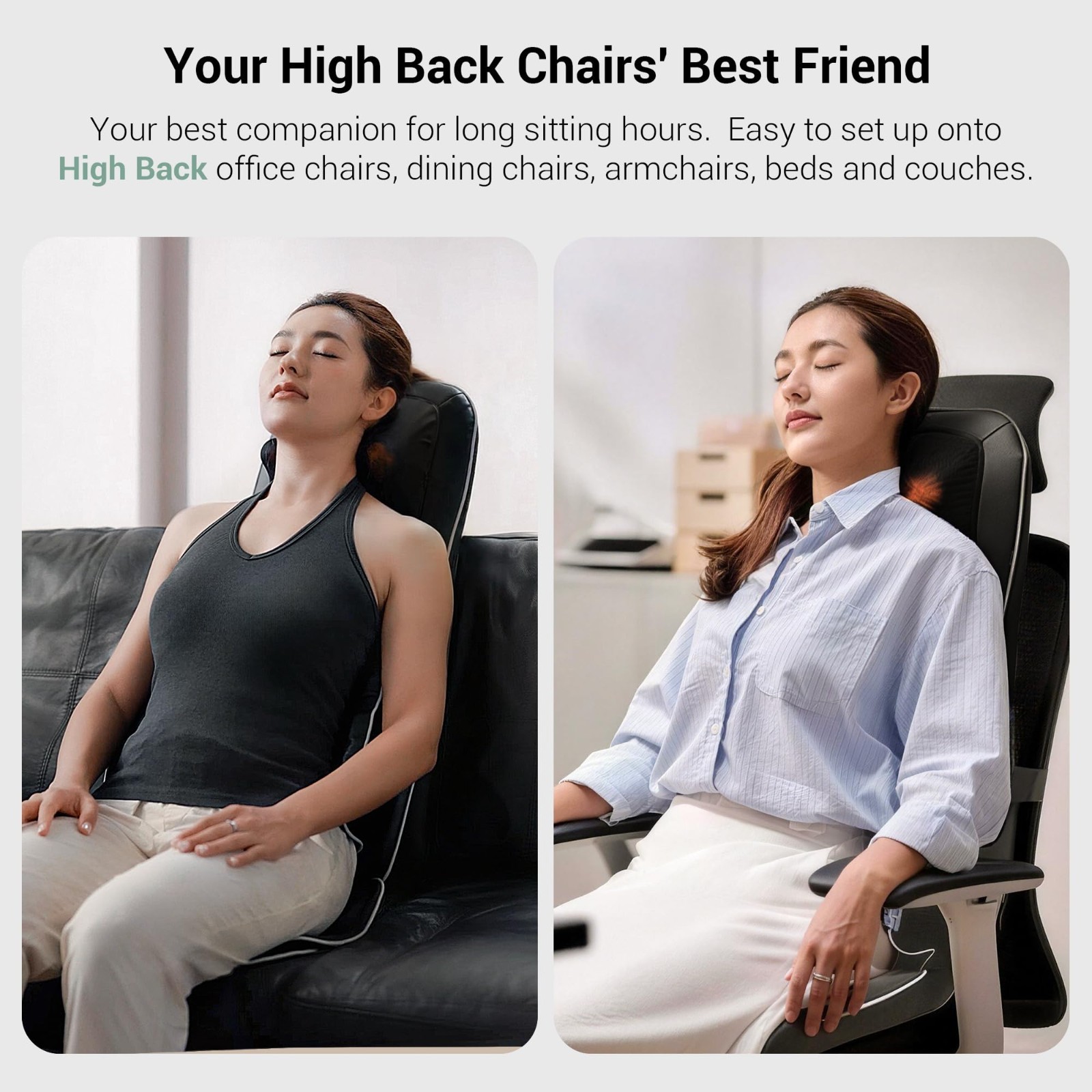 Shiatsu Neck & Back Massager for Chair, 10 Kneading Nodes, Heat, Portable Pad