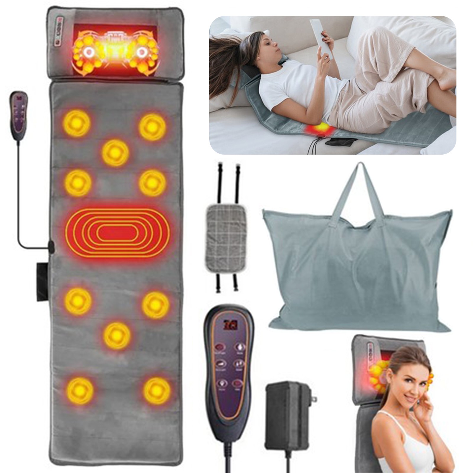 Full Body Electric Massage Mat for Bed w/ Shiatsu Heated Neck Massager for Home