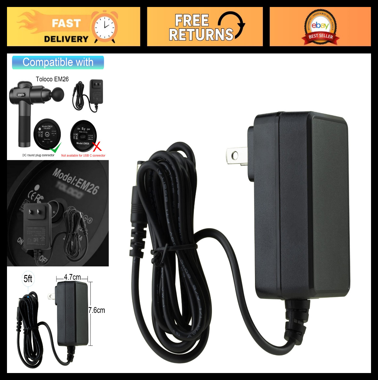 24V Massage Gun Charger Replacement for TOLOCO EM26, AERLANG EM13, Darkiron EM31
