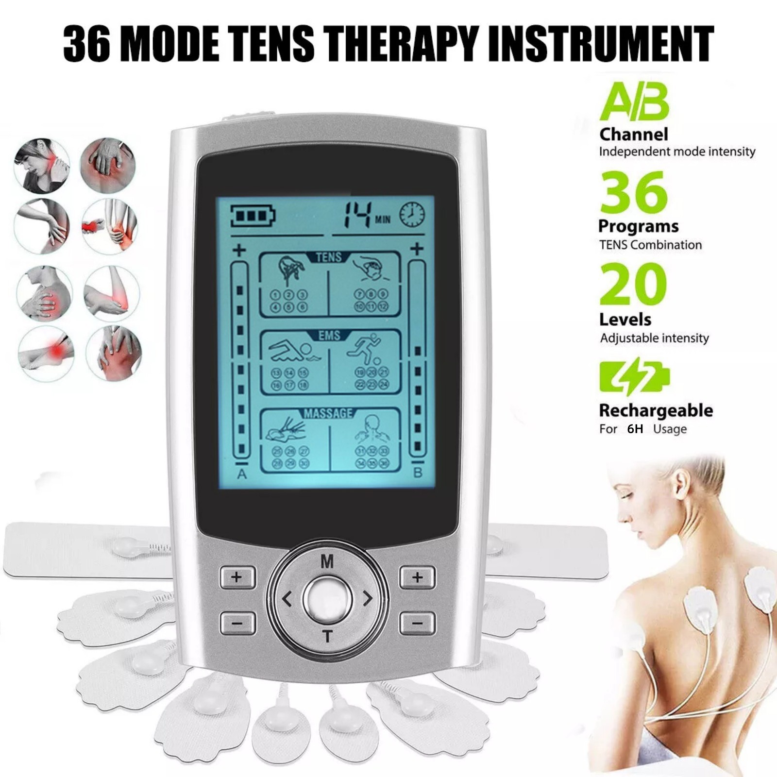 Silver Tens Unit Muscle Therapy Pain Relief Stimulator Machine Pulse Massager