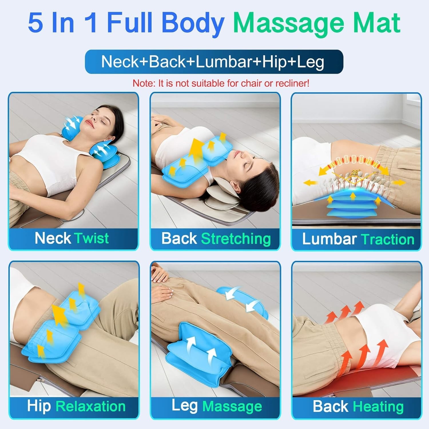 3D Body Stretching Massage Mat with Heat & Tension Relief for Adults 5’1-6’2