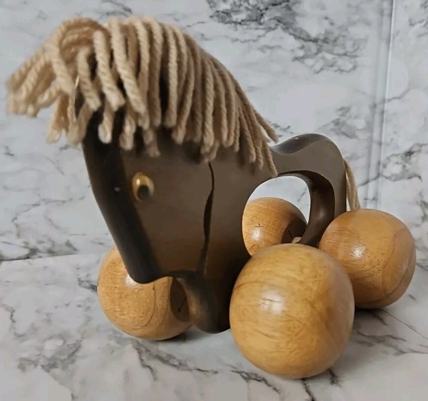 Wooden Horse Massager Toy W/ Yarn Mane and Tail Vintage MCM
