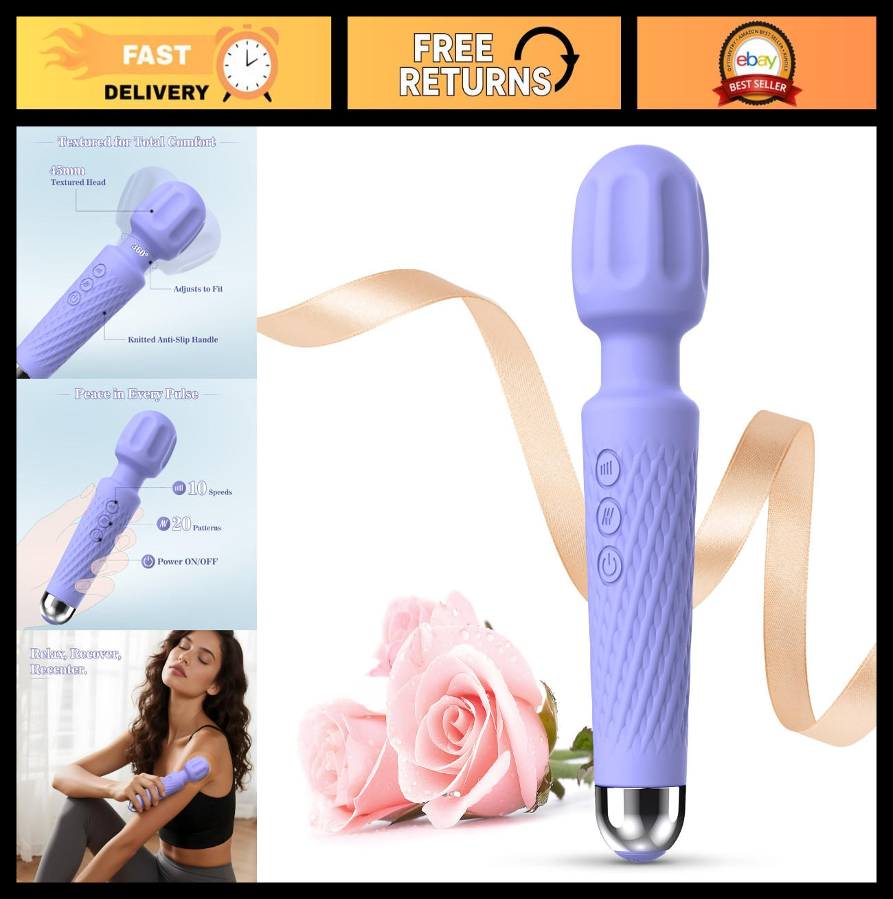 Handheld Cordless Personal Massager Wand – Waterproof, 20 Modes, 10 Speeds, 3H V