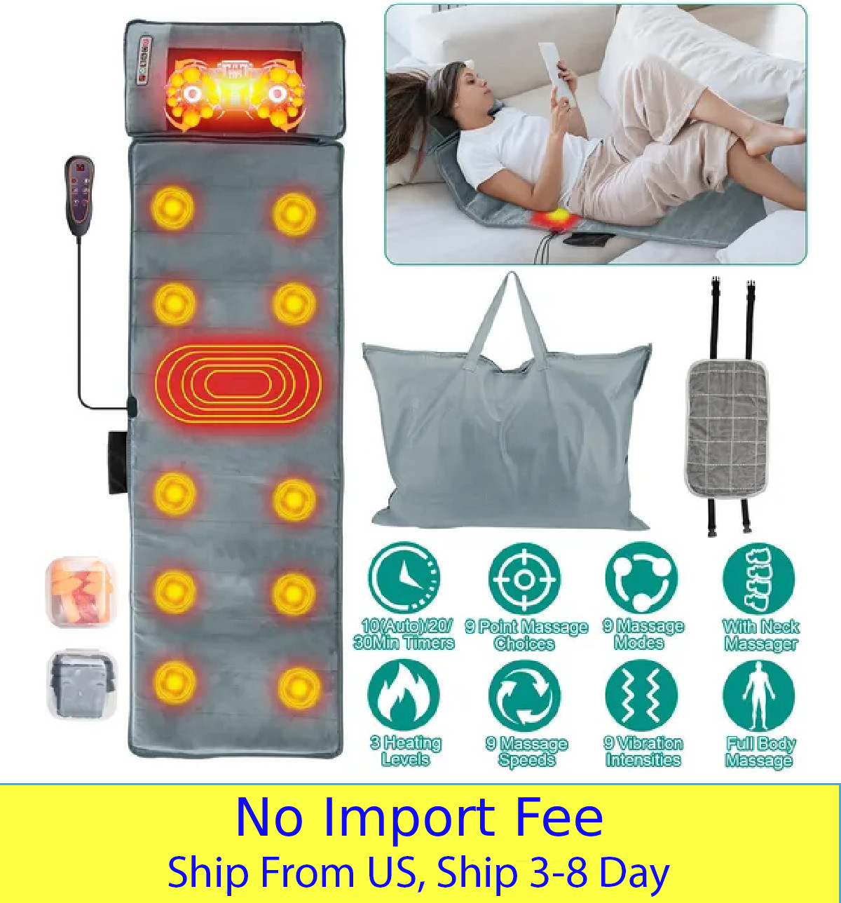 Full Body Massage Mat w/ Heat Neck Kneading Massager 9 Modes Timer