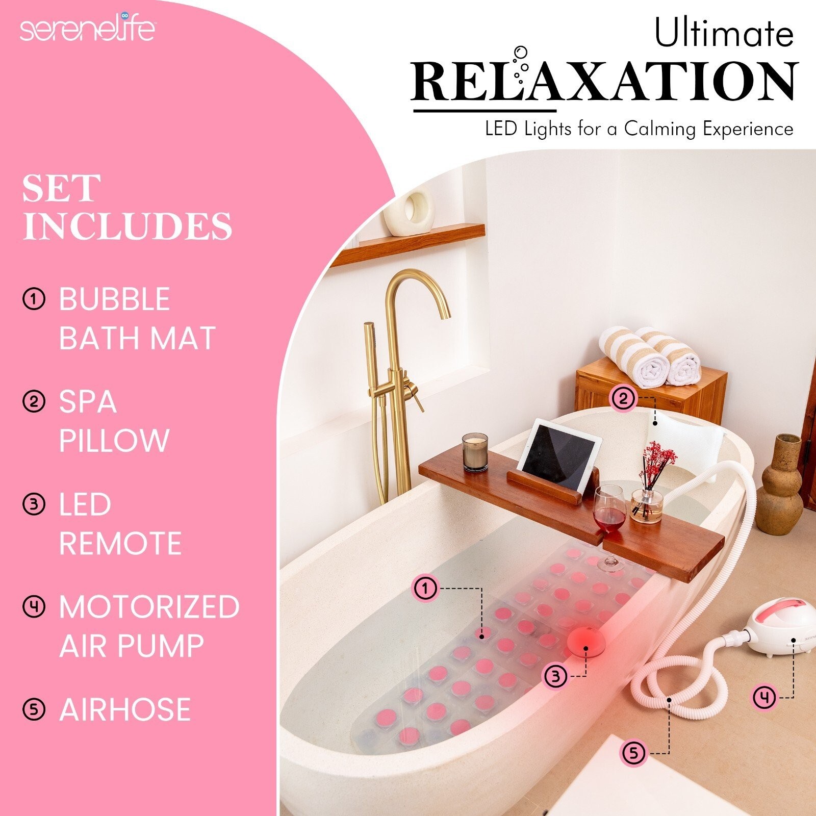 Serenelife Bubble Bath Mat Body Spa Massage w/ Heating Function (Pink)