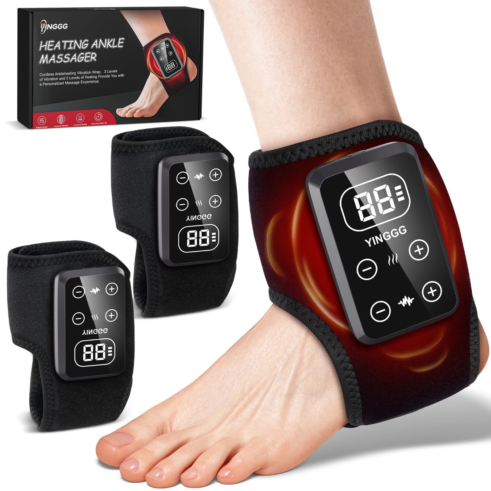 2PCS Cordless Foot Massager – 3-in-1 Ankle Heating Pad with 5 Heat Levels & 3 Vi