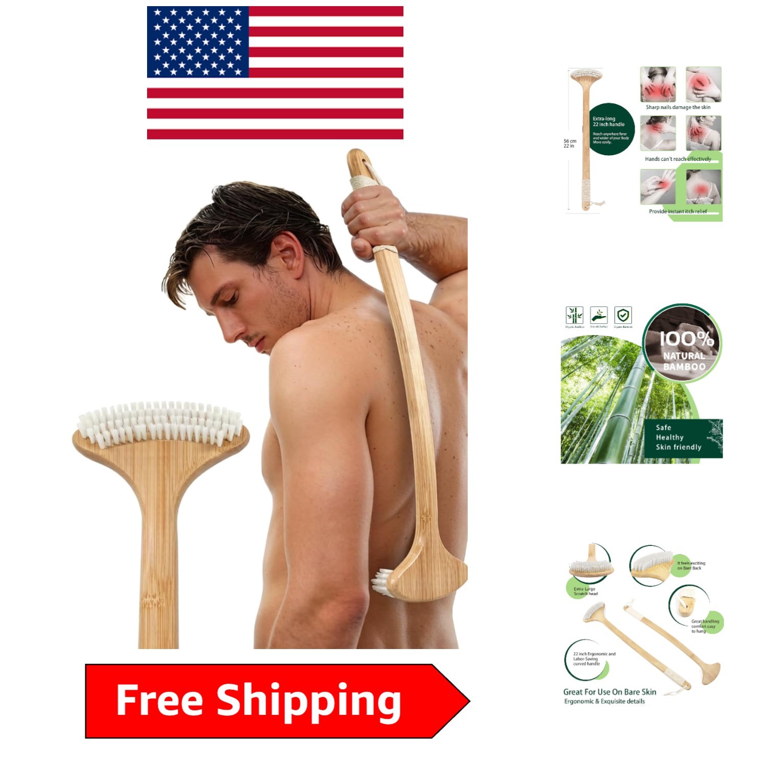 22» Extra Long Curved Back Scratcher with Soft Nylon Bristles for Gentle Relief