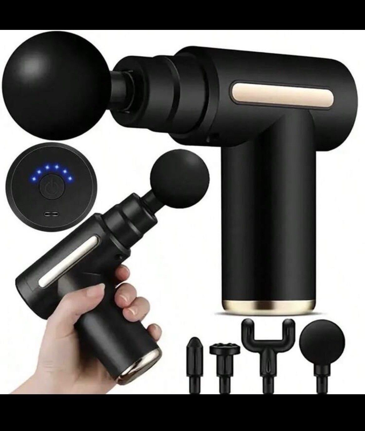 Black Cordless Massage Gun, Lightweight, 4 Heads, Percussion, Handheld