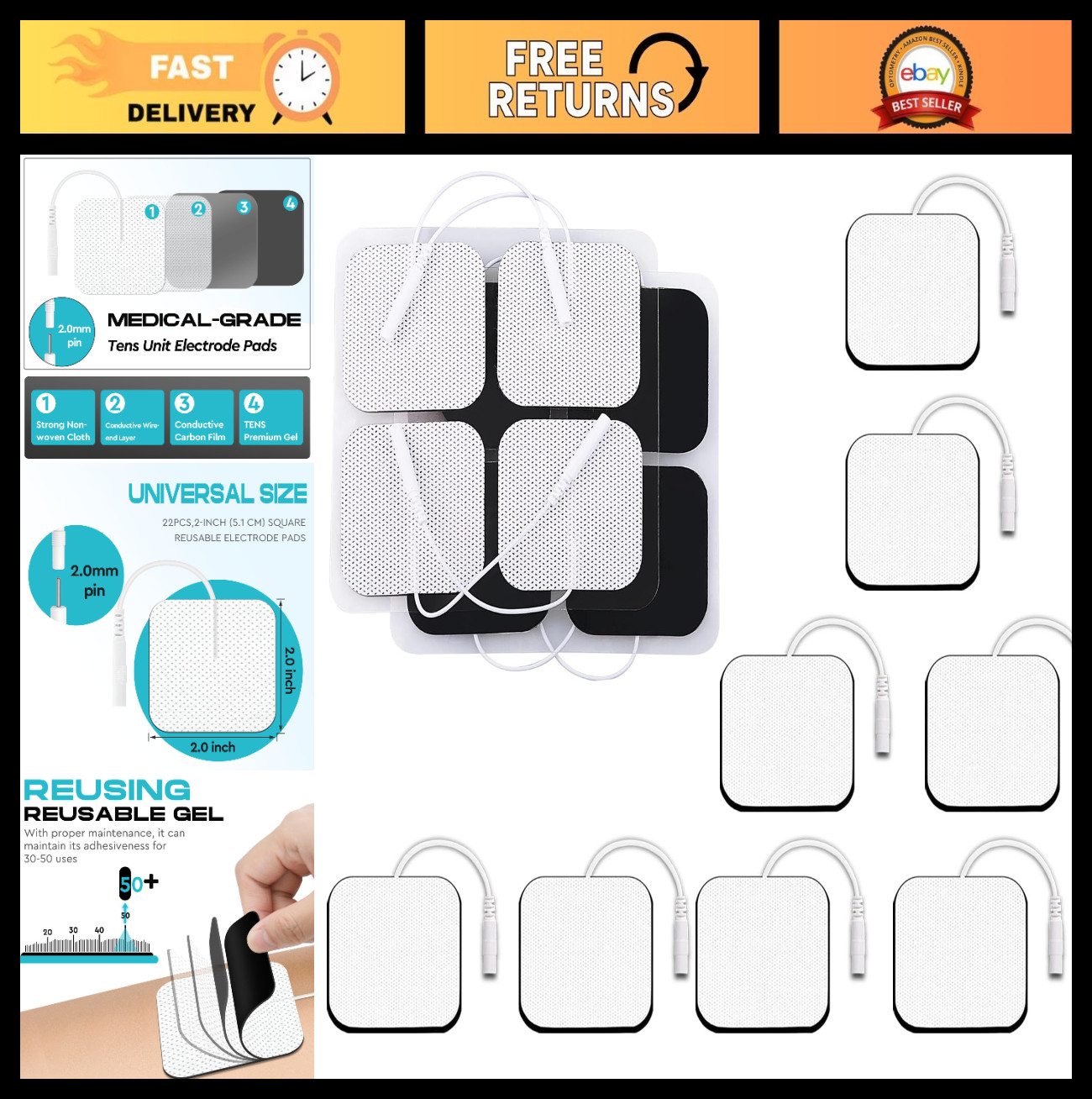 8 PCS 2×2″ Tens Unit Electrode Pads for Muscle Stimulator – Reusable, Self-Stick
