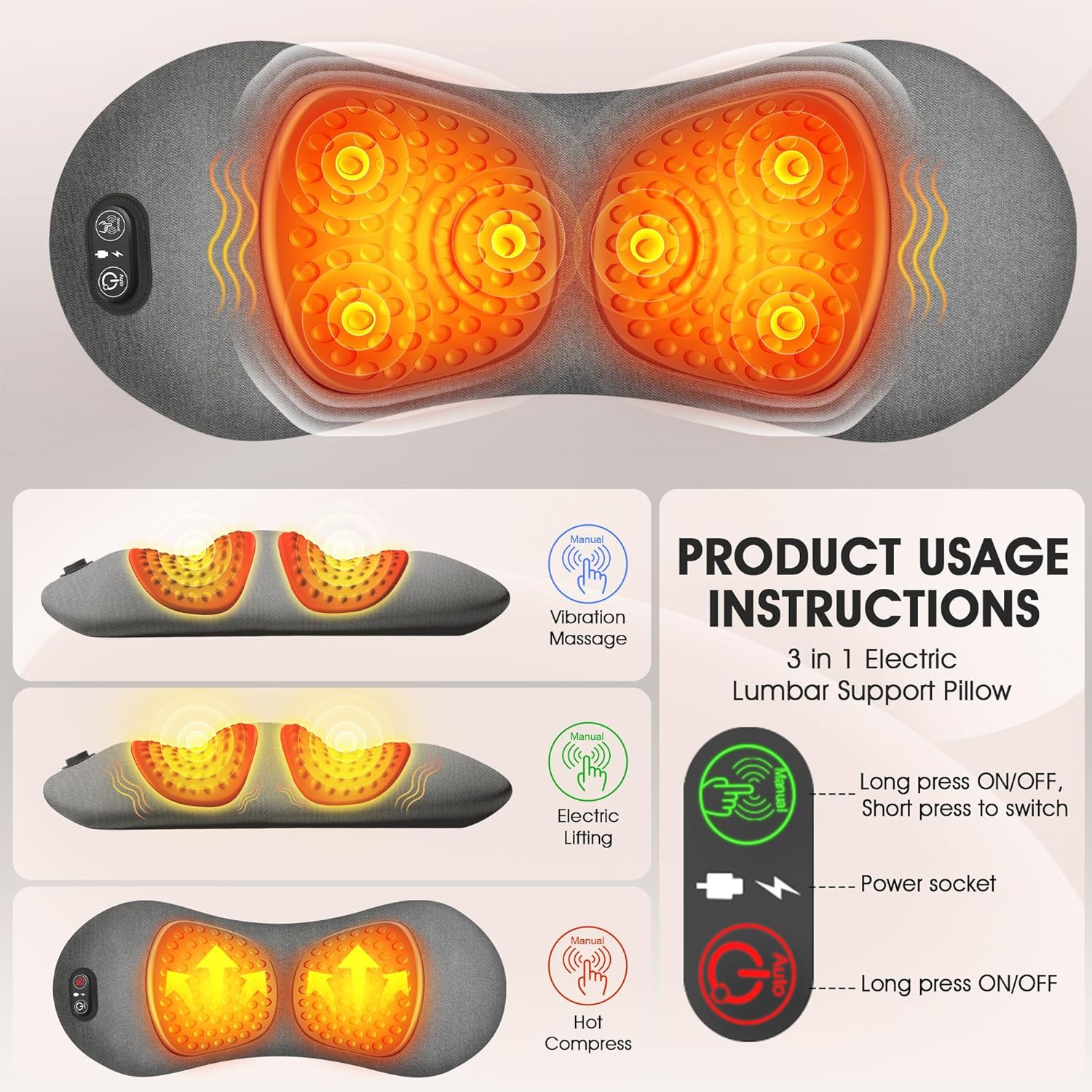 3-In-1 Electric Lumbar Support Pillow,Triple Fusion Back Massager with Heat,Vibr