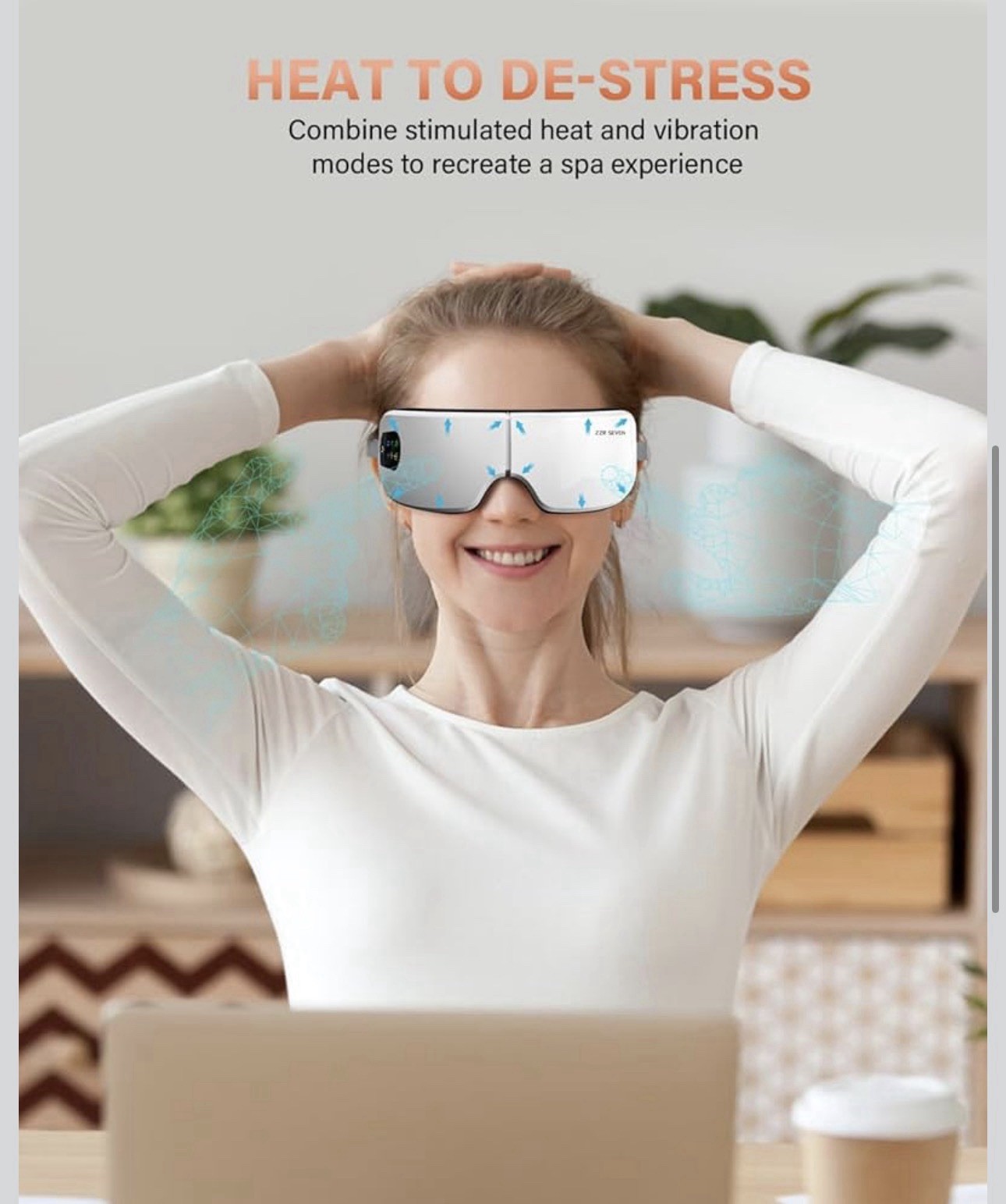 Smart Eye Mask Electric Eye Massager, Heat & Vibration w/ Music, 7 Modes White