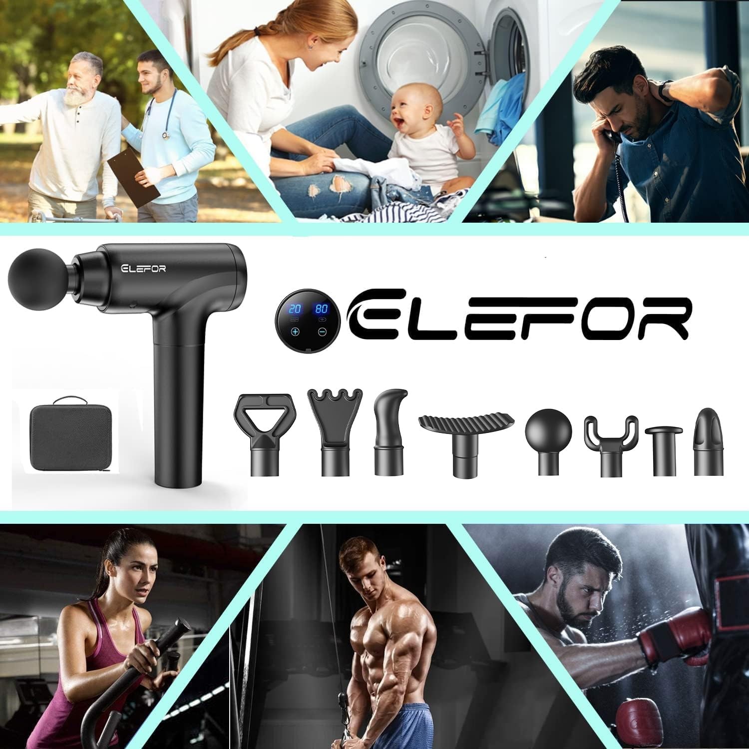 Pistola De Masaje Muscular Profundo 20 Velocidades Con 8 Cabezales Negro