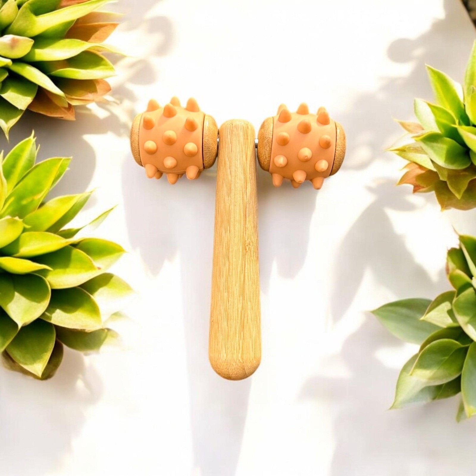 Double-Head Bamboo Body Massager with Silicone Spiked Rollers