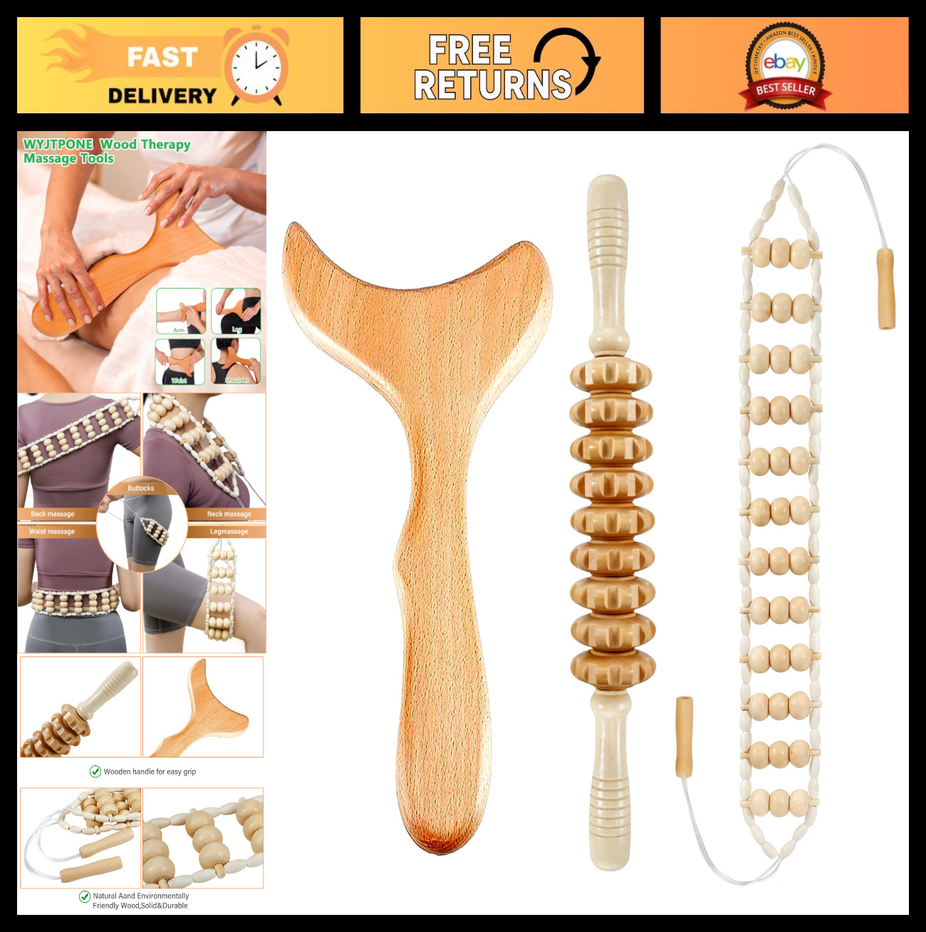 Wood Therapy Massage Tools Kit – Maderoterapia Roller & Rope for Body Sculpting