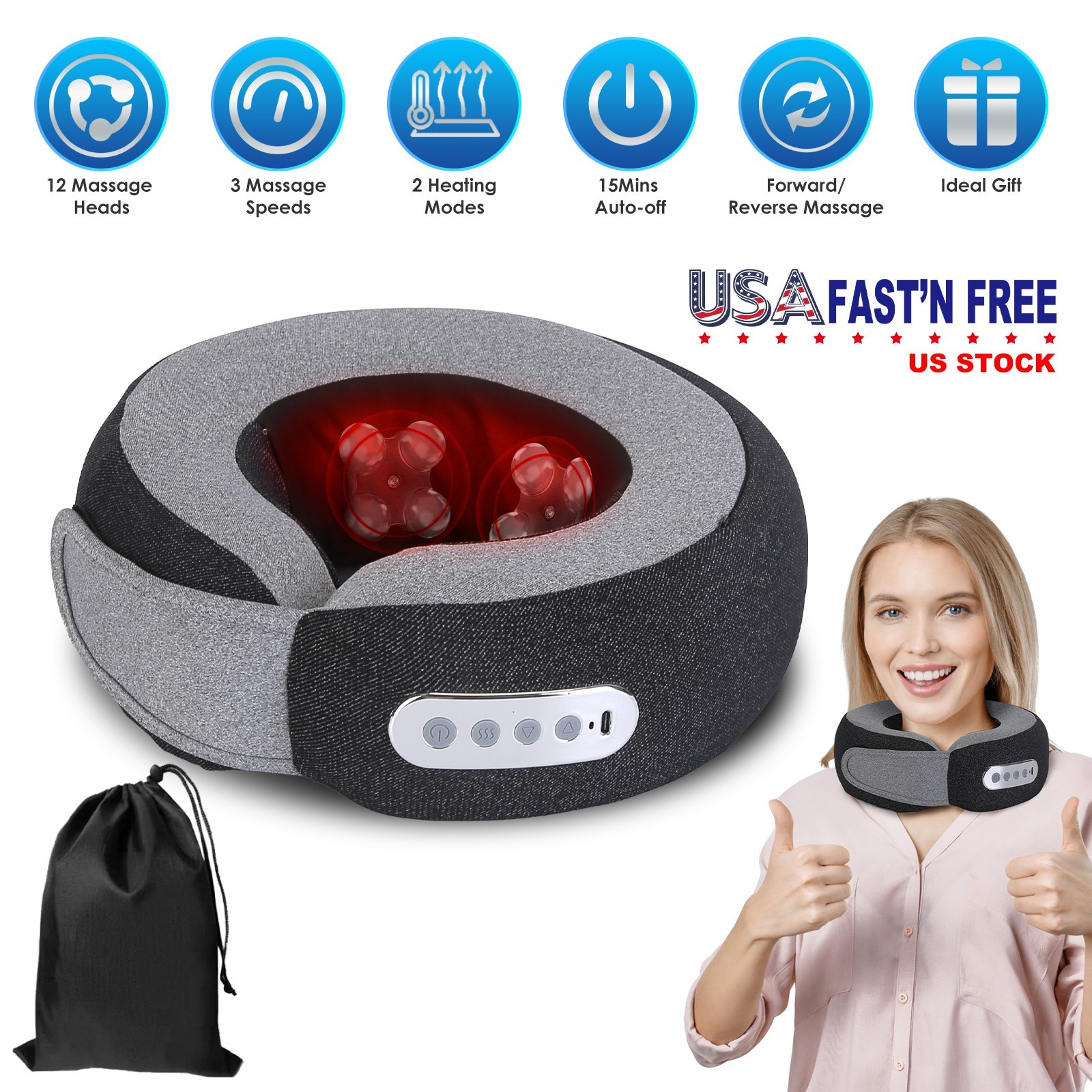 Memory Foam Neck Massager Pillow w/ Heat Shiatsu Style Travel Companion Featur