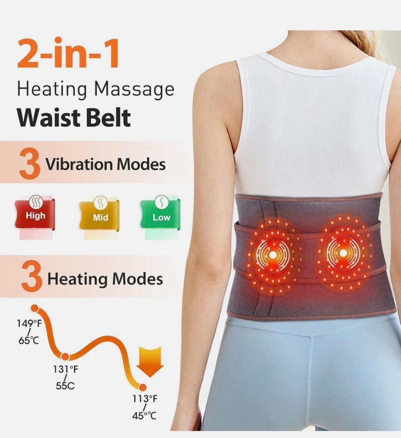 Cordless Heated Vibrating Massage Belt Waist/Back Wrap Neoprene Pain Relief