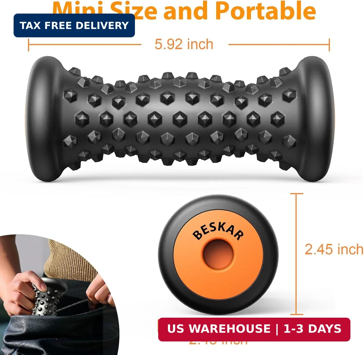 BESKAR Foot Massager Roller for Plantar Fasciitis Relief, Portable, Deep Tissue