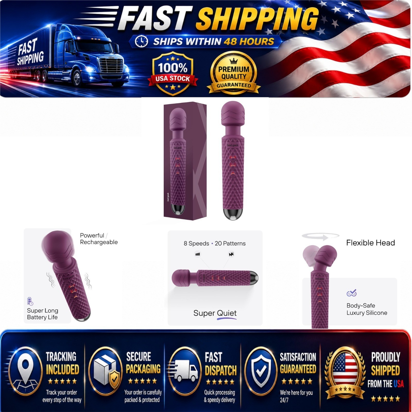 bed geek Handheld Cordless Wand Massager – Waterproof, USB Rechargeable