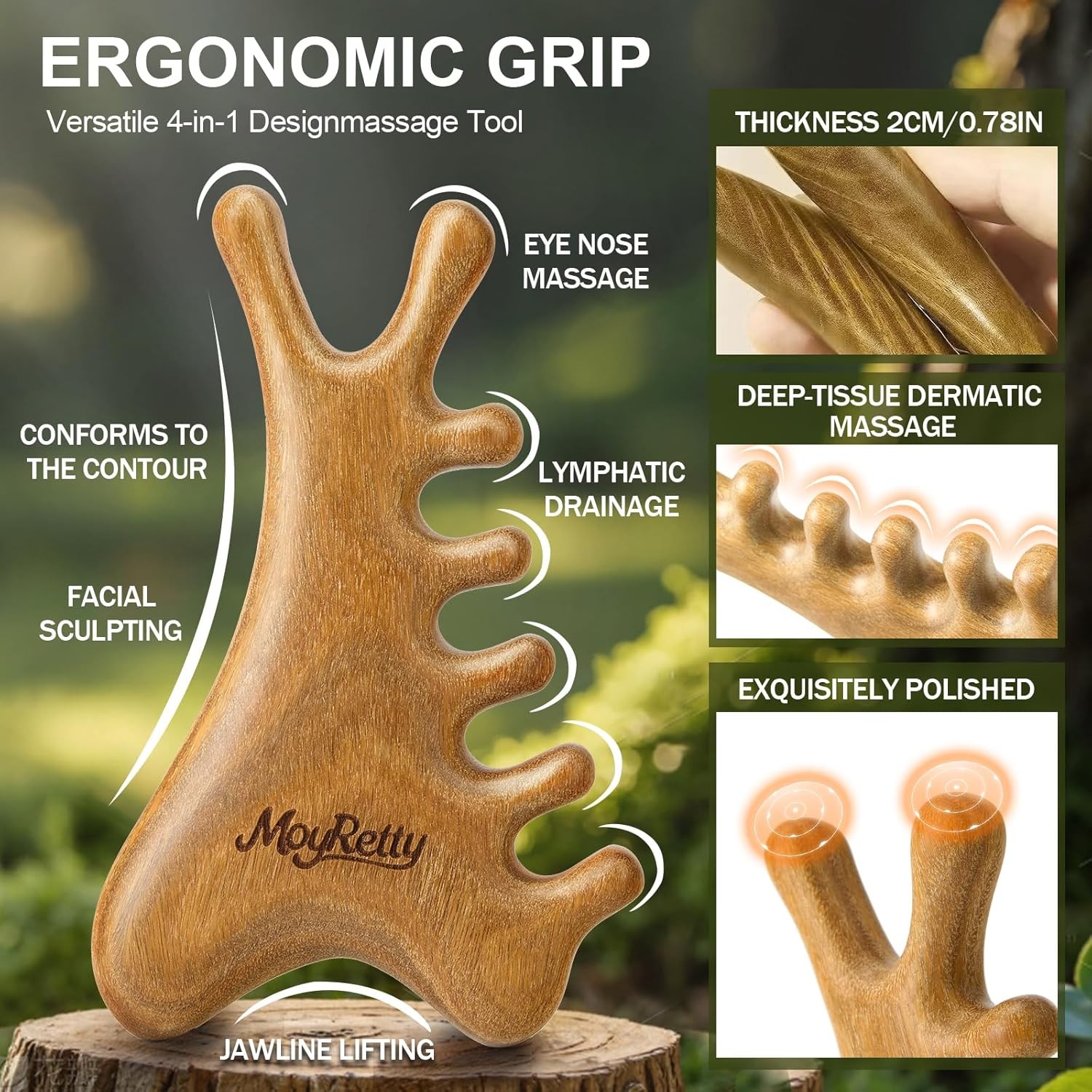 MoyRetty Green Sandalwood Gua Sha Facial Tool(4-in-1),